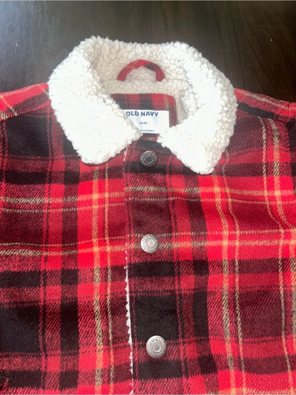 Old Navy Red and Black Plaid Sherpa-Trim Flannel Jacket